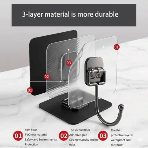 Close-up of Heavy Duty Wall Hanger Hooks No Drill Setup Durable Black Interior Storage Mount showing 3-layer material design.