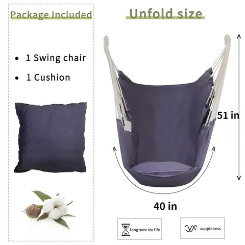 Hammock Chair Stand With Hanging Swing Chair Included For Indoor Outdoor, grey cotton weave wrap, unfolded size 40x51 inches