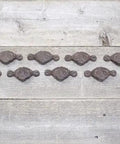 Badass Vintage Cast Iron Cup Pulls For Kitchen Cabinets Ornate Brown Drawer Handles set of 10 on rustic wood background.