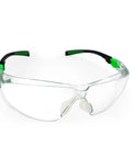 Rock Solid Pair Of Uv Shielding Safety Glasses With Anti Fog Scratch Proof Wraparound Lenses Perfect For Work Sports Yard Chores Or Driving Featuring Ansi Z871 Standard Comfortable Nose Guard And Flexible Temples For Daily Driver in clear poly lens with green accents.