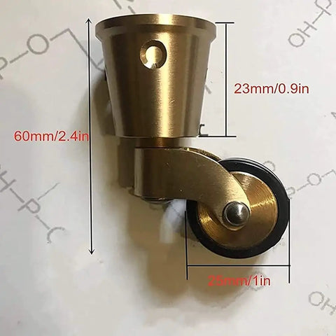 Solid Brass Swivel Castor Wheels With Smooth Rubber Glides For Heavy Furniture Vintage Antique Dining Chair Casters close-up view with measurements.