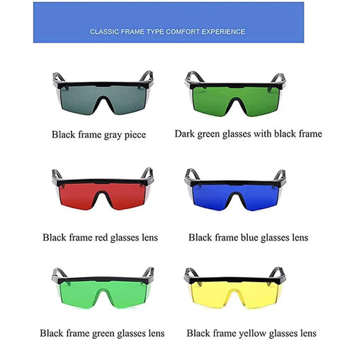 Top Shelf Laser Safety Glasses With Blue Tint Lenses Blocking 190Nm To 540Nm Rays Superlightweight soft plastic shell in assorted colors.