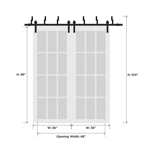 Top Shelf Double Sliding Barn Doors With Frosted Opaque Glass And Clean White Silk Finish Includes Beefy Six Foot Six Inch Steel Track Rig With Full Hardware Setup For 72InchBy96Inch Rooms, dimensions showing height and width.