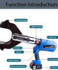 Electric Cable Cutter For Copper And Aluminum Wire Cordless 18V Battery Powered Fast Cut In Seconds Hammers Through Copper And Aluminum Cables Up To 120 Millimeters Heavy Duty Electric Wire Cutter With Two Rechargeable Batteries EZ120C, showcasing features and design elements.