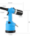 Heavy Duty Pneumatic Air Rivet Gun Pulling No Sweat One Click Auto Tension Lock Built Tough for upholstery with measurements.