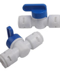 5 Piece 3/8 Inch Quick Connect Shut Off Ball Valve Push Fit Polypropylene Connector For Water Filter Lines, two valves with blue handles.
