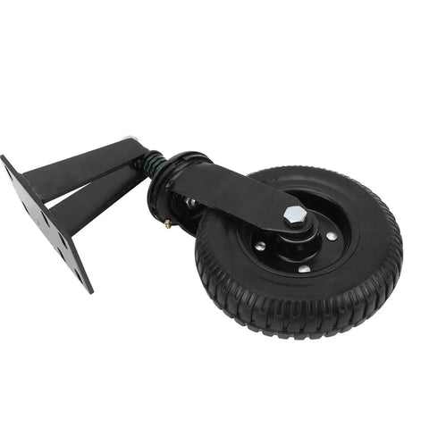Two Pack Eight Inch Steel Rubber Gate Wheels With Silent Spring Suspension For Heavy Swing Gates and DIY upgrades visible with mounting bracket and rubber tire.