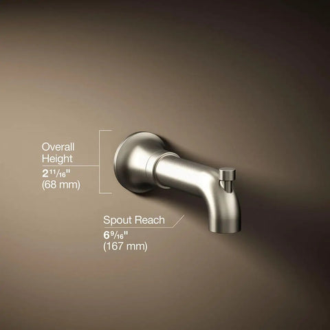 Tone Wall-Mount Bath Spout With Diverter In Vibrant Brushed Nickel Finish, 6-9/16 Inch Reach, Slip-Fit Connection, side view