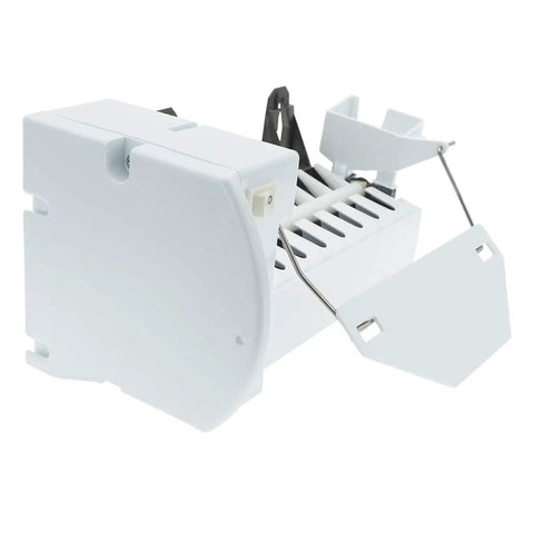 Ice Maker Kit For GE Refrigerators Complete Ice Maker Assembly With End Mounted Fill Cup Power Cords 4 And 6 Pin Connectors Tubing And Easy Install Guide Replaces WR30X10061 And WR30X0327 showing front angle of assembly.