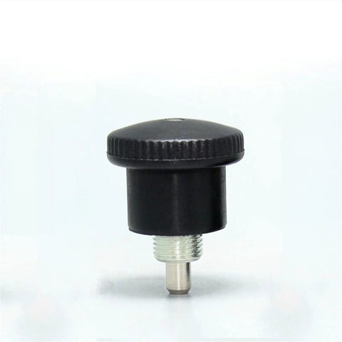 Badass M10 Index Plunger With Spring Actuated Locating Pin And Precision Stainless Steel Dowel Bolt shown from the side, featuring black knob design.