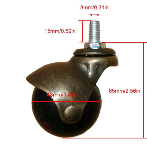 Rock Solid Set Of 4 Two Inch Ball Casters Featuring M8 Screw Threads And True 360 Swivel Spin Finished In Vintage Antique Brass, side view with dimensions.