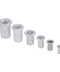 Assorted sizes of the Aluminum Rivet Nuts Set With Flat Head And Anti Rust Finish, Threaded Rivnut Inserts Kit displayed in a row
