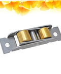 3 Pack Double Roller Window Sliding Door Pulley Wheel 16 mm Brass Replacement Hardware To Squash Stiff Tracks And Bring You A Ridiculously Smooth Glide Experience - close-up of brass roller and metal frame