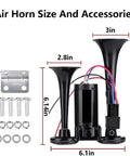 Image showing Heavy Duty Dual Tube Air Horn Kit With 12V Compressor Drops 600dB Of Pure Thunder dimensions and accessories.