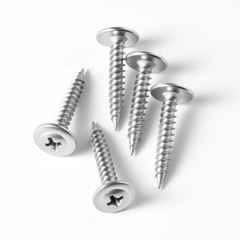 Heavy Hitter Truss Head Wood And Metal Screws With Aggressive Self Tapping Threads And Rust Resistant Coating One Hundred Count close-up of stainless screws