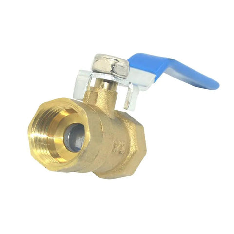 Rock Solid Brass Ball Valve With Blue Lever Handle Designed For Lightning Fast Quarter Turn Plumbing Flow Control And A Tough As Nails Corrosion Resistant Female Thread Setup, close-up view