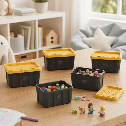 Dead Simple Mini Storage Totes With Snap Lids And Stackable Design For Hardware Sorting Plus Craft Supplies Organizer Compact Nestable Bins Perfect For Small Parts And Screws displayed on a table with colorful craft items inside.