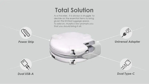 Power Station Traveler Bundle with Universal Adapter, USB Charger, and Power Strip, round compact design showing ports