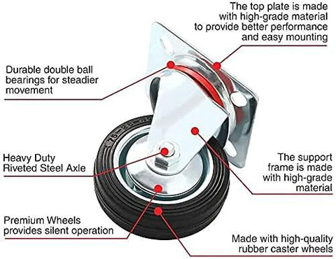 Close-up view of swivel caster with rubber base, top plate, double ball bearing, and steel axle, part of 24 Pack Three Inch Swivel Caster Wheels With Rubber Base And Top Plate Double Ball Bearing Heavy Duty Ideal For Carts And Equipment Load Capacity Over 250 Lbs Per Caster With Durable Rubber Wheel For Easy Maneuverability On Wood And Concrete Surfaces.