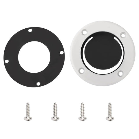 Boat Self Bailing Cockpit Mounted Scupper Valve Kit with rubber flapper, gasket, retainer ring, and screws displayed