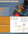 Function mode indicator on 26V Cordless Brushless Rivet Nut Gun with LED light and operational instructions.