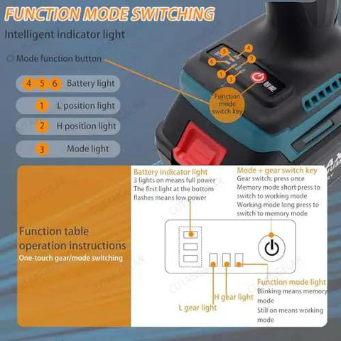 Kickass Heavy Duty Cordless 26V Electric Rivet Nut Gun Set Includes 5200 Mah Battery mode switching diagram with indicator lights.