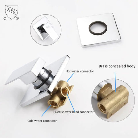Single Function Shower Trim Kit With Rough In Valve And Square Rain Showerhead In Polished Chrome plumbing components overview