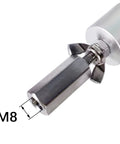 Built Tough End Connector For Reciprocating Linear Actuators Aluminum Alloy And Stainless Steel M8 Thread 2 Point 5 Cm Diameter 14 Point 2 Cm Tall Industrial Grade DIY Friendly Silver M8 end connector attached to actuator