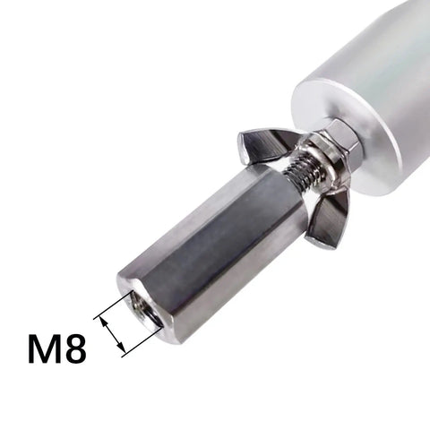 Built Tough End Connector For Reciprocating Linear Actuators Aluminum Alloy And Stainless Steel M8 Thread 2 Point 5 Cm Diameter 14 Point 2 Cm Tall Industrial Grade DIY Friendly Silver M8 end connector attached to actuator