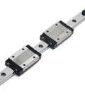 MGN12 400mm Linear Rail Guide With Two MGN12H Black Stainless Carriage Blocks for 3D printers and CNC projects, side view.