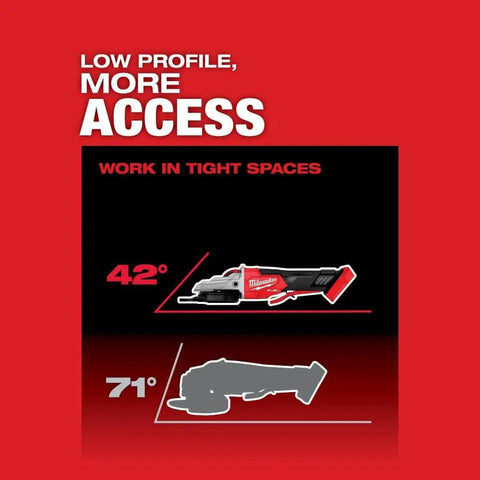 18 Volt Brushless Cordless 5 Inch Flathead Cutting Grinder With Rapid Stop Brake And Easy Grip No Lock Paddle Switch Tool shown at 42° and 71° angles for tight space access.