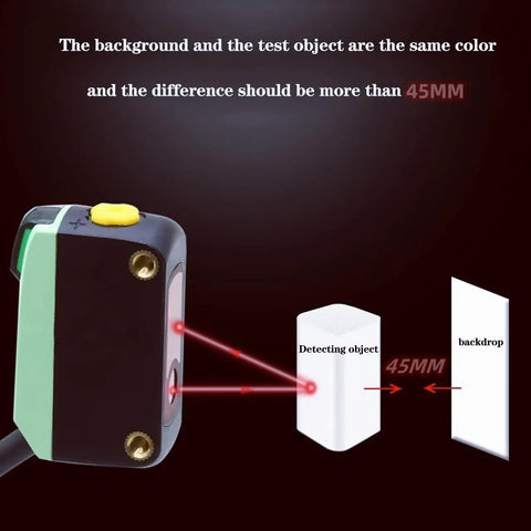 NPN Photoelectric Sensor With Diffuse Reflection Square Shape LED Display detecting 45mm gap between object and backdrop