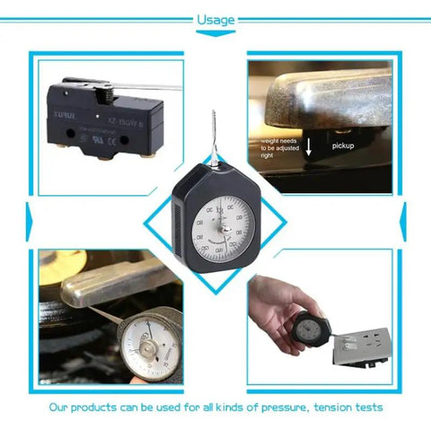 Badass Dial Gram Tension Gauge Slick Precision Force Meter in use measuring force with smooth needle reading for precise testing.