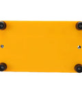 Three Inch Cordless Mini Bench Grinder With Dual Wheels For Heavy Metal Cutting And Quick Sharpening Jobs Battery Operated Design Keeps Your Backyard Shop Completely Cord Free, bottom view of yellow grinding platform with screws.