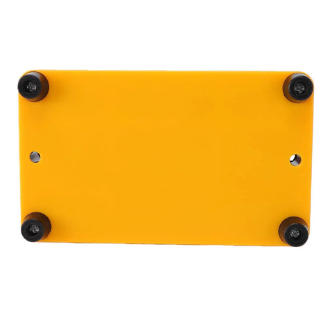 Three Inch Cordless Mini Bench Grinder With Dual Wheels For Heavy Metal Cutting And Quick Sharpening Jobs Battery Operated Design Keeps Your Backyard Shop Completely Cord Free, bottom view of yellow grinding platform with screws.