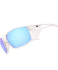 Kickin Up Dust With These Slick Z87 Rated Safety Sunglasses Featuring Polarized Anti Glare Lenses UV400 Protection Hella Comfortable Wraparound Fit For Driving Riding And Outdoor Work In Matte Clear Blue Mirror side angle view of sunglasses with blue mirror lenses.
