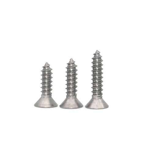 Top Shelf TA2 Pure Titanium Flat Head Countersunk Self Tapping Screws Pack Of Twenty ST5 X 12mm Phillips Drive showing three screws of different heights.