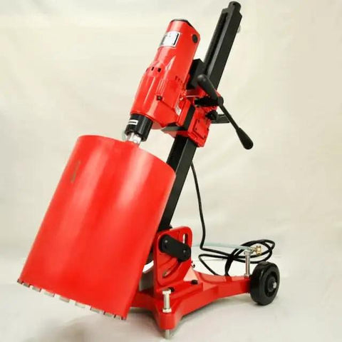 Badass 12 Inch Concrete Core Drill Rig With 12 Piece Pro Series Diamond Wet Core Bit Set 1 To 12 Inches shown at an angle.