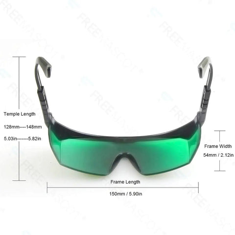 Top Shelf Laser Safety Glasses Hella Secure Against Uv Blue Red And Infrared Beams Od4 Plus Lens with measurements and green tint.