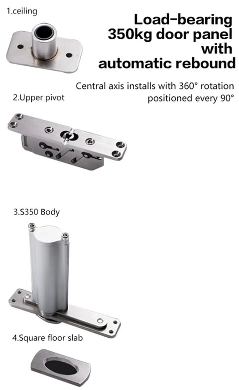 Heavy Duty Stainless Steel 360 Rotating Pivot Hinge For Invisible Doors Floor Spring showing upper pivot and S350 body.