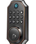 Straight Up Secure Keyless Entry Deadbolt Lock With Fast Fingerprint Scan Bluetooth App Control And Password Backup Key, close-up view, black finish.