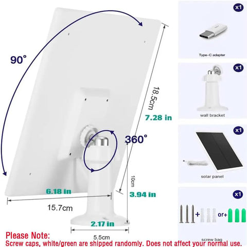 Rock Solid 6W Solar Panel Charger with Micro USB and USB C Interfaces IP66 Waterproof Rating with 360 rotating mount and dimensions.