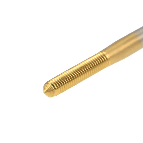 Top Shelf M2.5 Metric Spiral Machine Screw Tap With 0.45 Pitch And Titanium Coating detail showing threaded tip and coating.