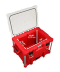 Beefy Milwaukee Packout 40Qt XL Cooler 3Pc Set With Impact Resistant Polymer Body White Red Heavy Duty Rolling Tool Box Built To Handle 250 Lb Load 9 Inch All Terrain Wheels Industrial Grade Handle, open view with interior dimensions visible.