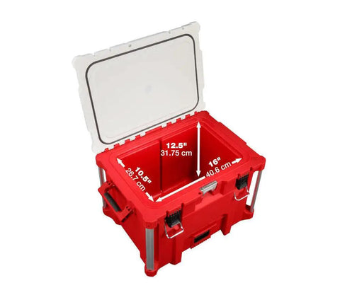 Beefy Milwaukee Packout 40Qt XL Cooler 3Pc Set With Impact Resistant Polymer Body White Red Heavy Duty Rolling Tool Box Built To Handle 250 Lb Load 9 Inch All Terrain Wheels Industrial Grade Handle, open view with interior dimensions visible.