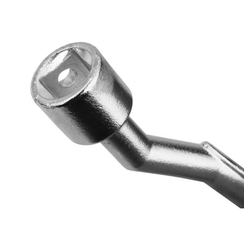 Close-up of heavy duty angled socket wrench with open end slotted head crafted from molybdenum steel.