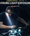Rechargeable LED Lighted Glasses With Motion Sensor And Touch Control Five Mode Hands Free Headlight Eyewear For Night Running Camping And Cycling USB C Trail Ready Glasses Built Different And Shine Bright, worn by a man inspecting a car engine.