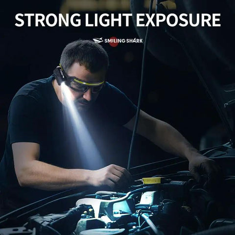 Rechargeable LED Lighted Glasses With Motion Sensor And Touch Control Five Mode Hands Free Headlight Eyewear For Night Running Camping And Cycling USB C Trail Ready Glasses Built Different And Shine Bright, worn by a man inspecting a car engine.