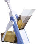 Blue adjustable mandoline slicer and vegetable chopper with 5-blade set and hopper.
