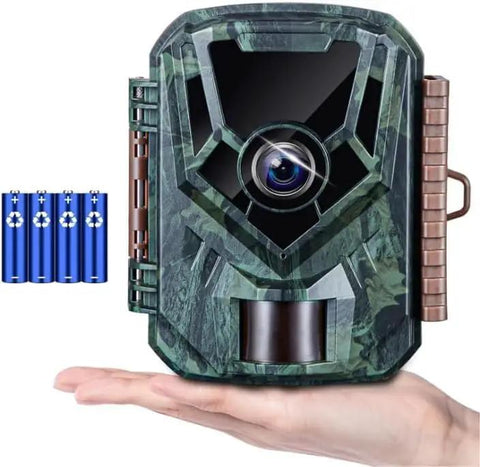 Professional 36 Mega Pixel Trail Camera Rendering Crisp 2 Point 7K Video with battery pack in hand, showcasing waterproof design.
